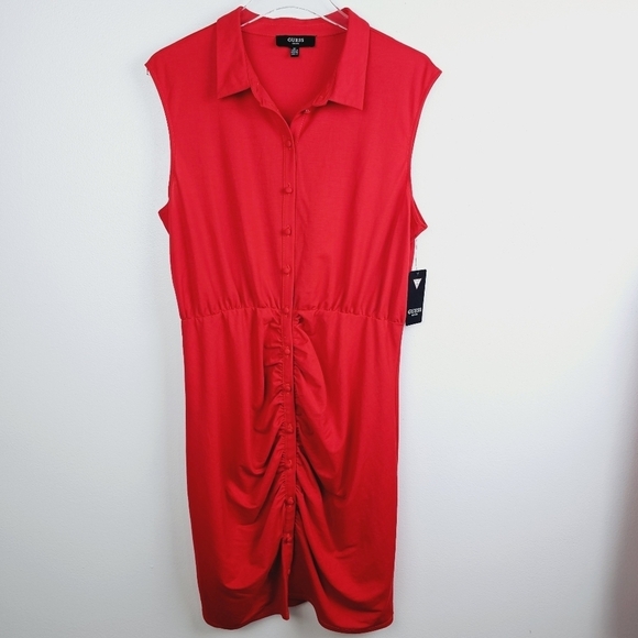Guess Button Up T-Shirt Sleeveless Dress NWT Dark Coral - Picture 2 of 10
